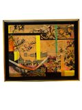Framed abstract collage in a gold frame, straight-on