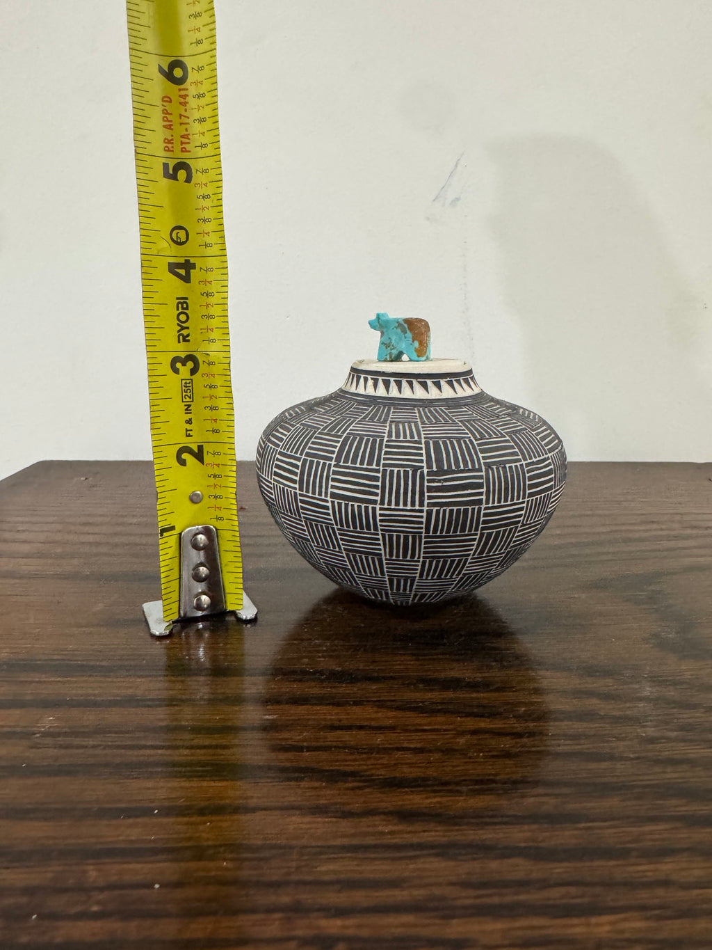 Acoma Pueblo Seed Pot Fine Line Black on White Turquoise Bird Fetish Signed