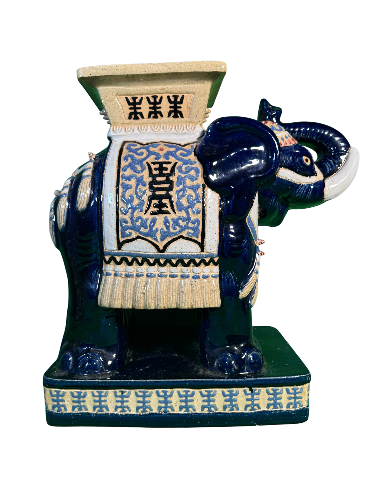 Pair of stacked ceramic elephant garden stools with green tops, gold scrollwork, blue circular medallions, cream bodies with decorative bands