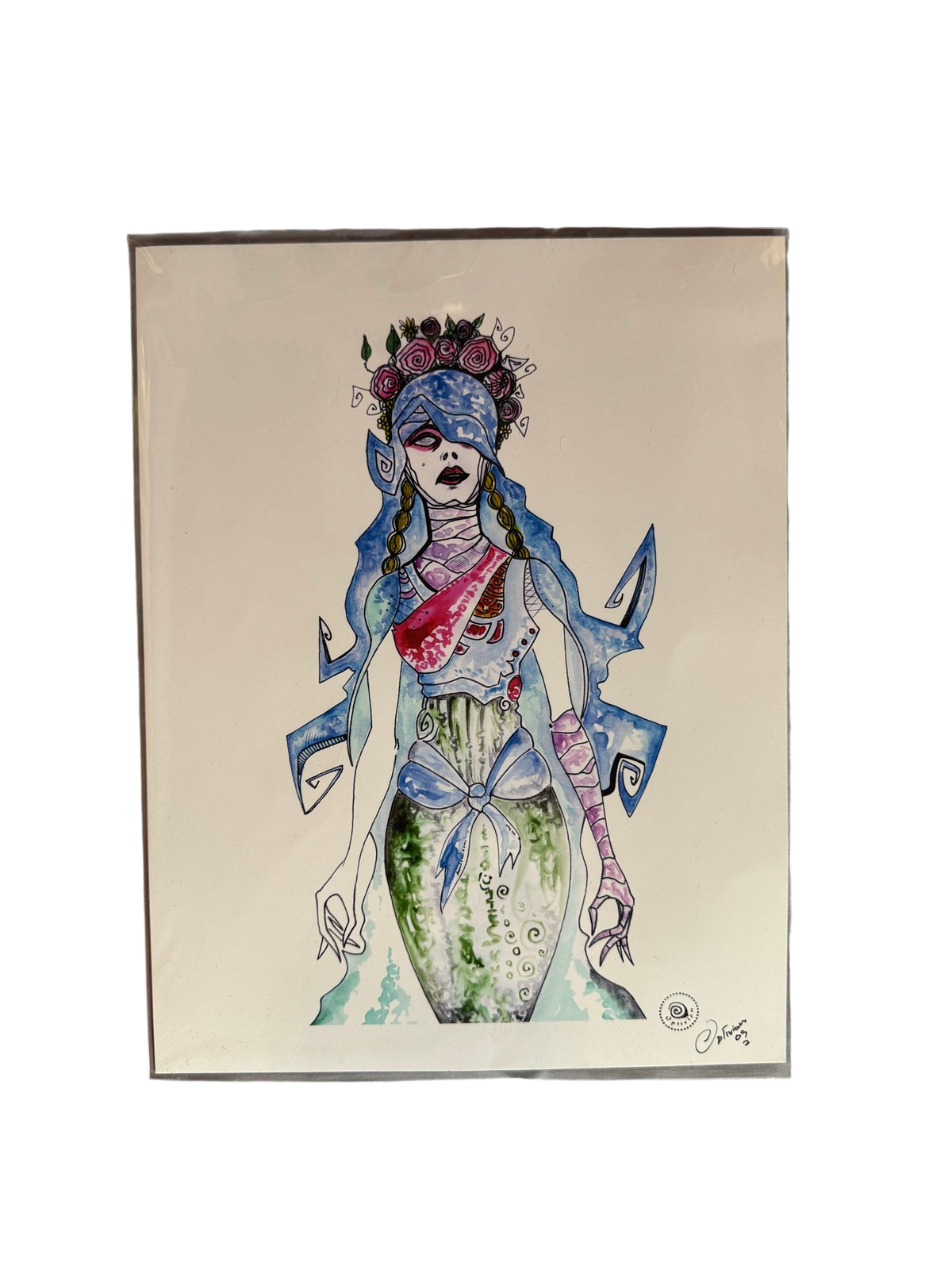 Fantasy figure artwork in a clear sleeve, straight-on