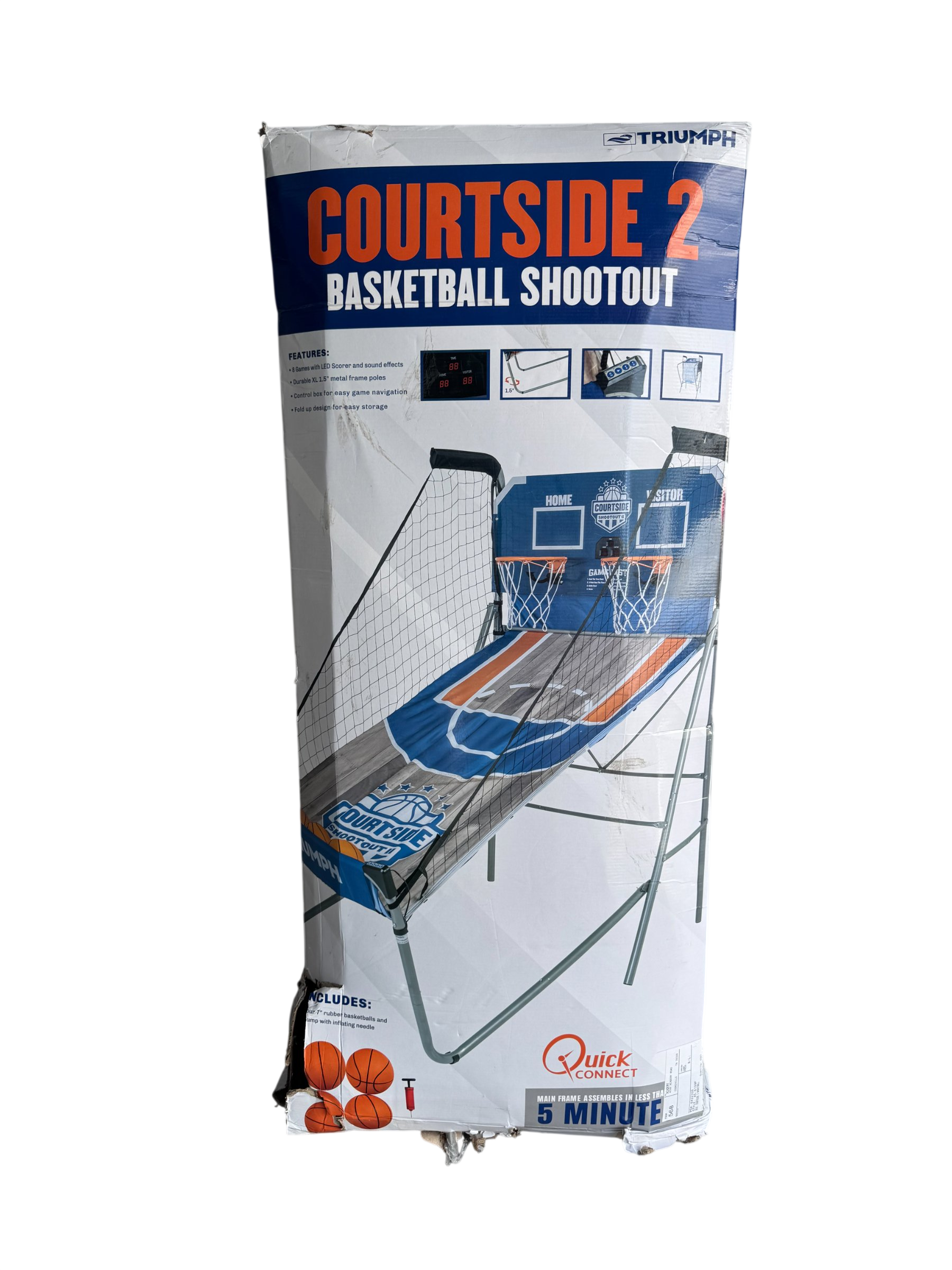 Packaged Triumph Courtside 2 Basketball Shootout arcade game, showing blue and orange game unit with dual basketball hoops and metal frame poles
