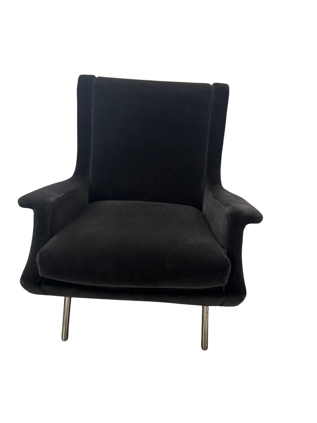 Black wingback accent chair on metal legs, three-quarter view