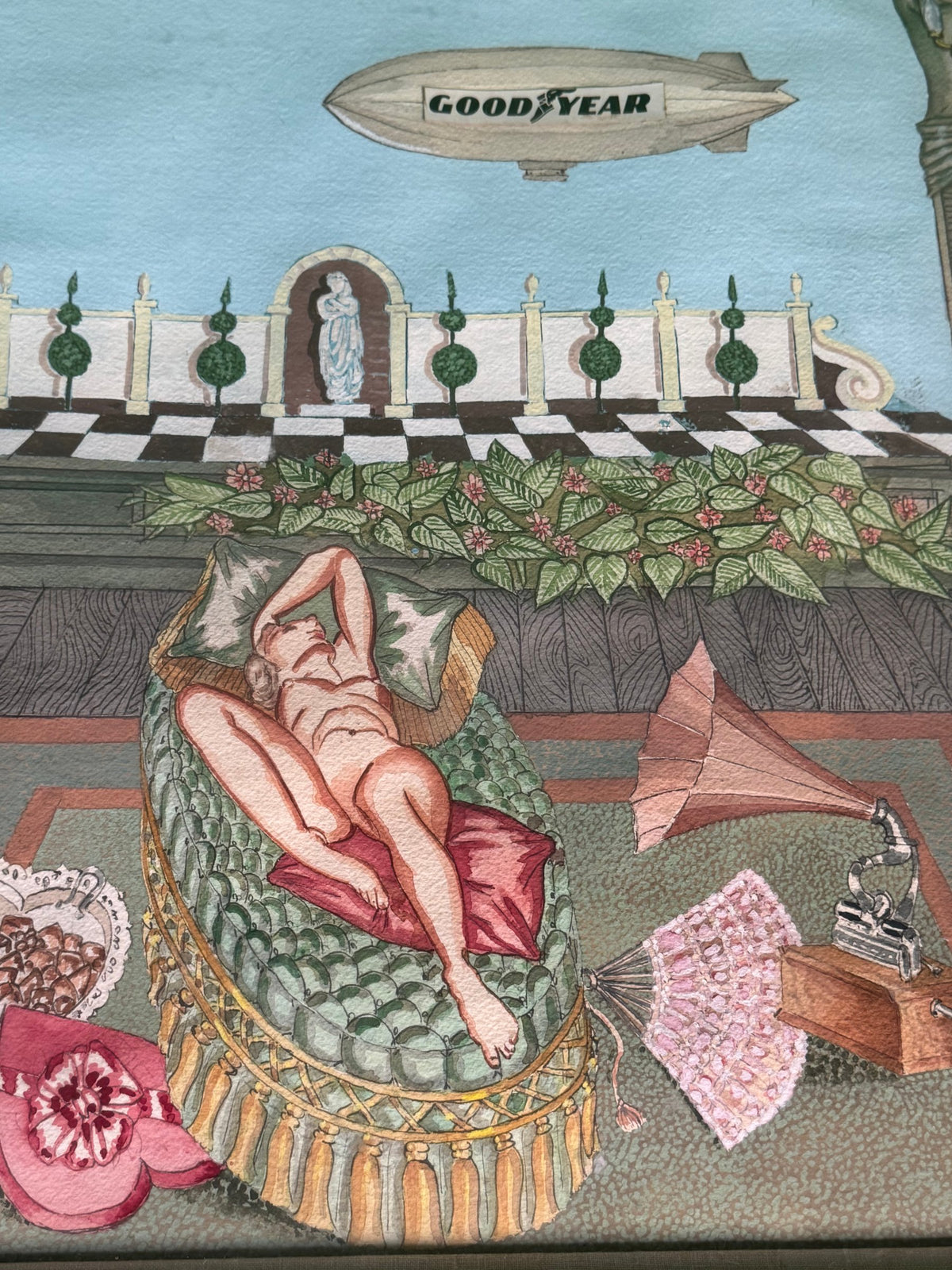 Unsigned Art Deco Watercolour Painting Terrace Scene Nude Goodyear Blimp