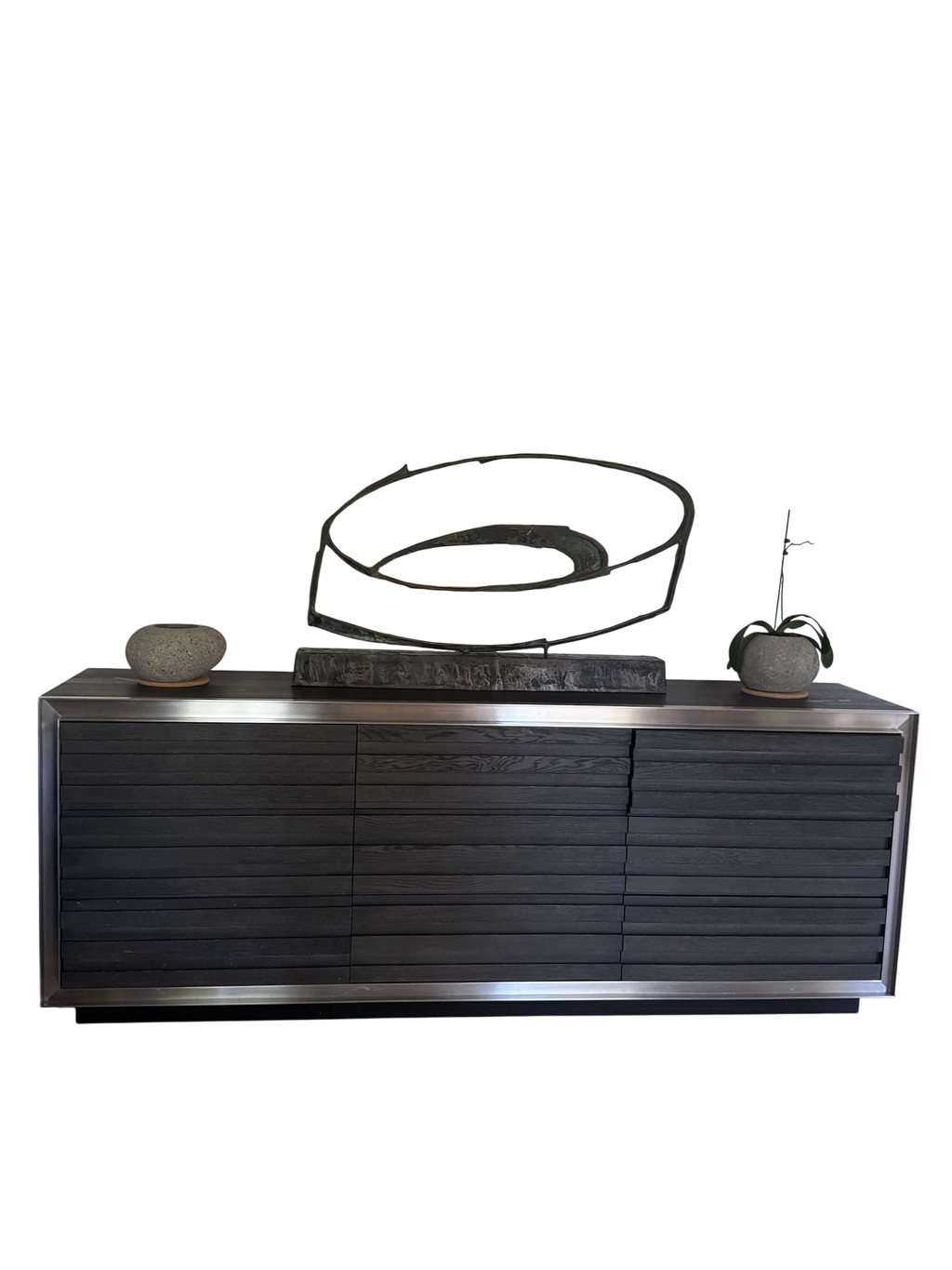 Modern Slatted Wood Credenza Sideboard Charcoal Finish Brushed Metal Frame