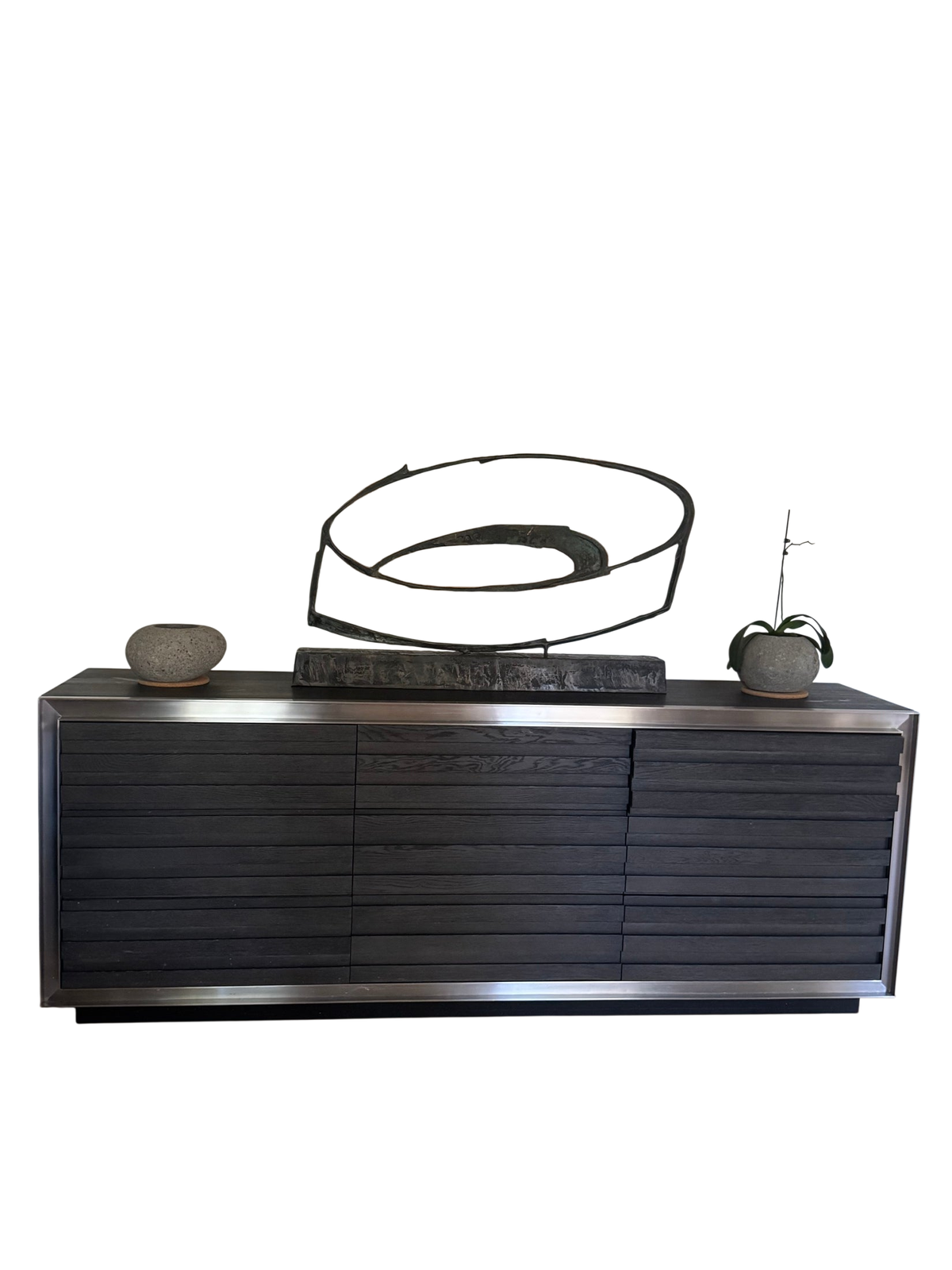 Modern Slatted Wood Credenza Sideboard Charcoal Finish Brushed Metal Frame