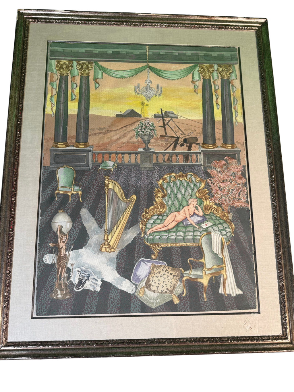 Original Watercolour and Gouache Painting - Surreal Colonnade Interior with Nude