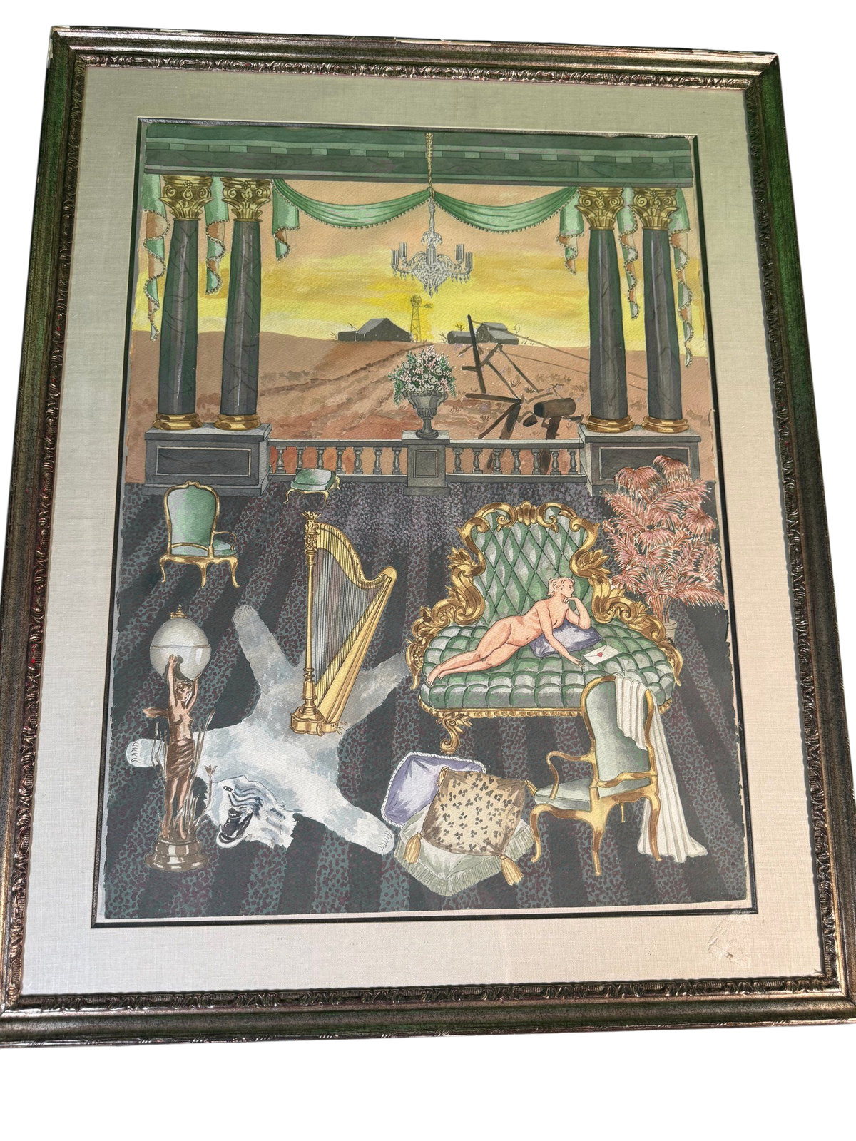 Original Watercolour and Gouache Painting - Surreal Colonnade Interior with Nude