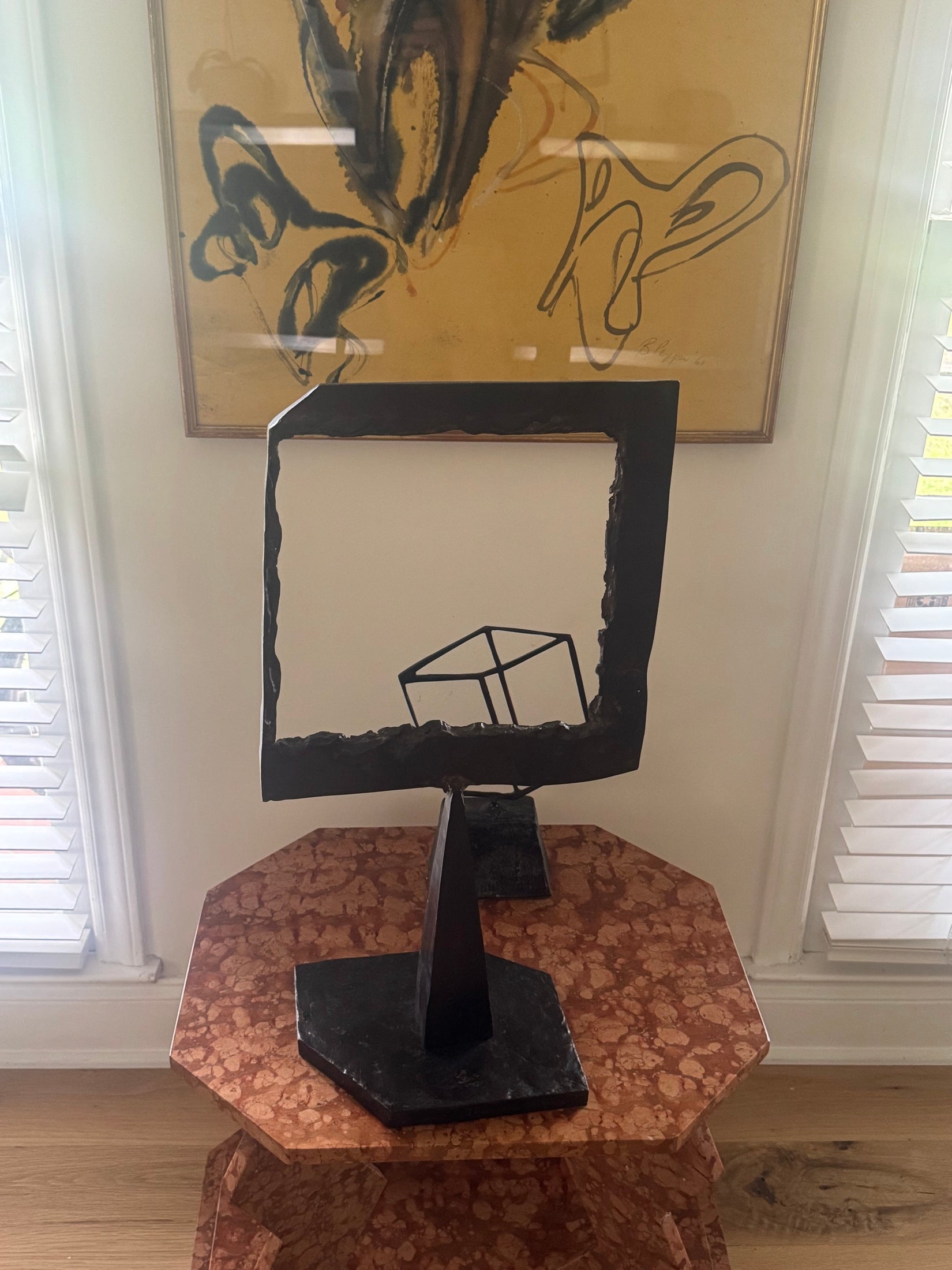 Brutalist Welded Steel Sculpture Abstract Cube and Block on Pedestal Signed No