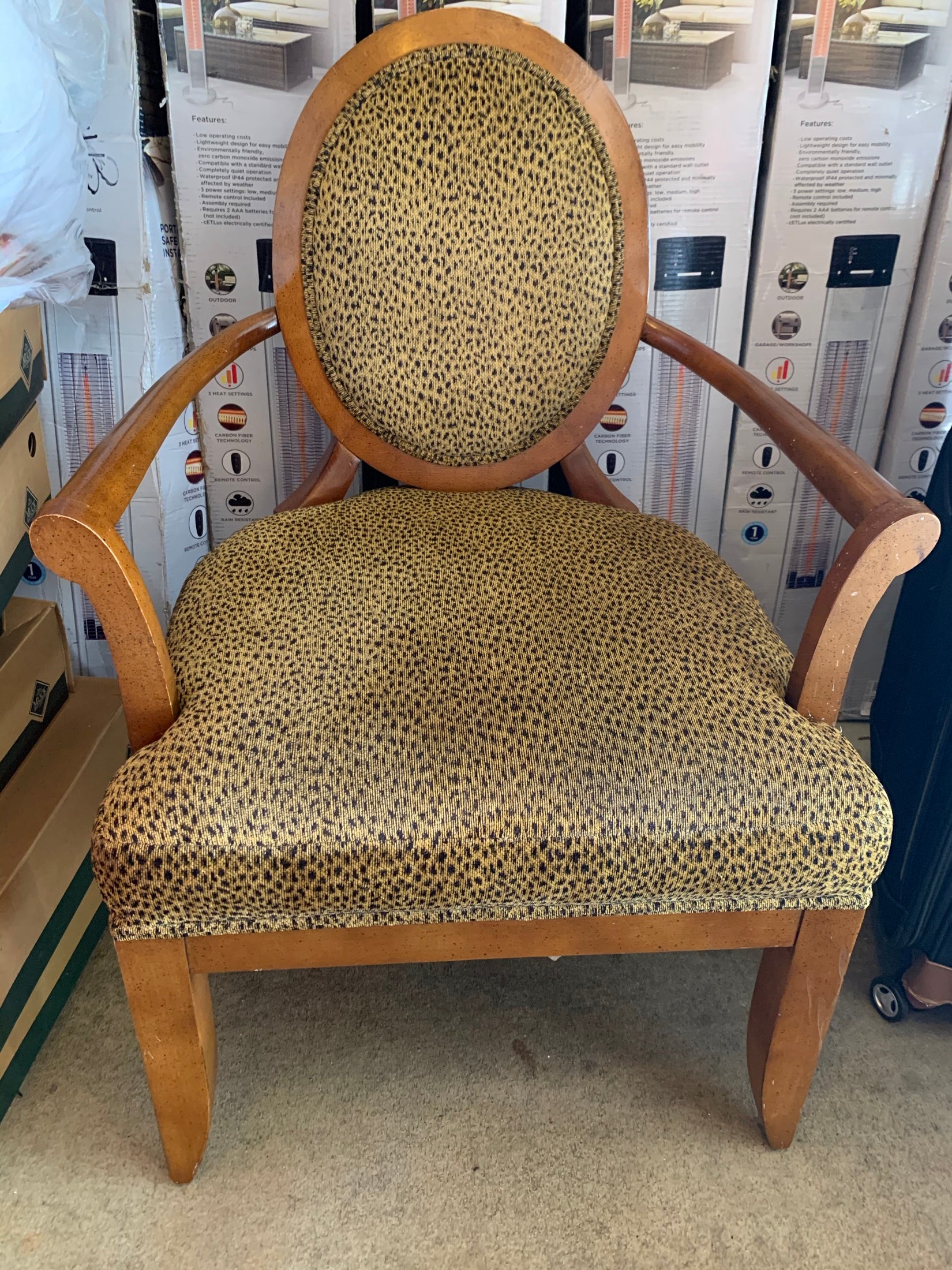 Mid Century Armchair Sculptural Wood Frame Spotted Print Upholstery Ottoman