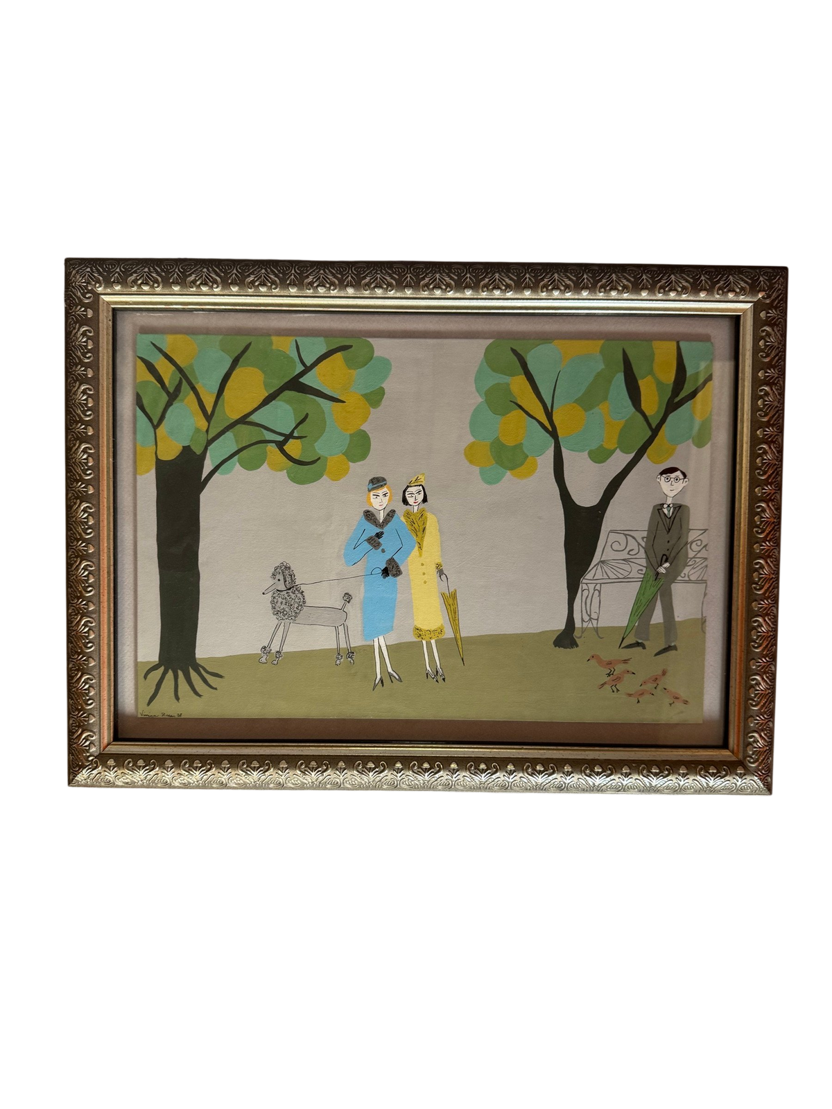 Framed painting of a couple in a park with trees and a bench in a silver frame