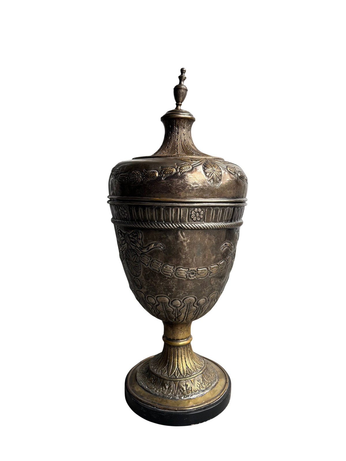 Silver Plate Trophy Urn Domed Cover Cast Finial Repousse Banding Vintage