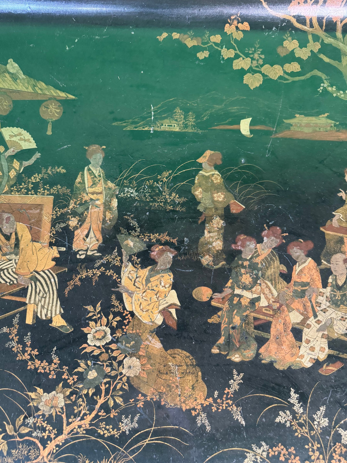 19th Century Japanned Tray Japanese Teahouse Garden Scene Gilt on Black Lacquer