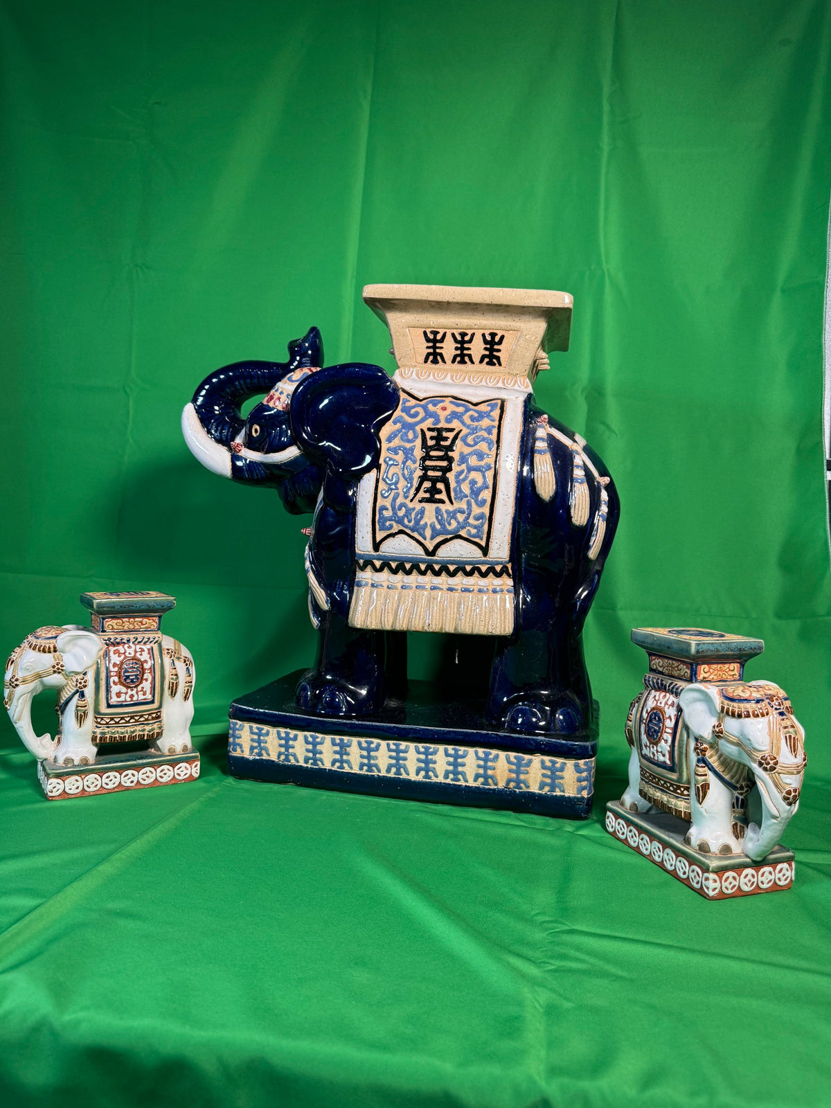 Large Cobalt Blue Chinese Ceramic Elephant Garden Seat Plant Stand Shou Bats