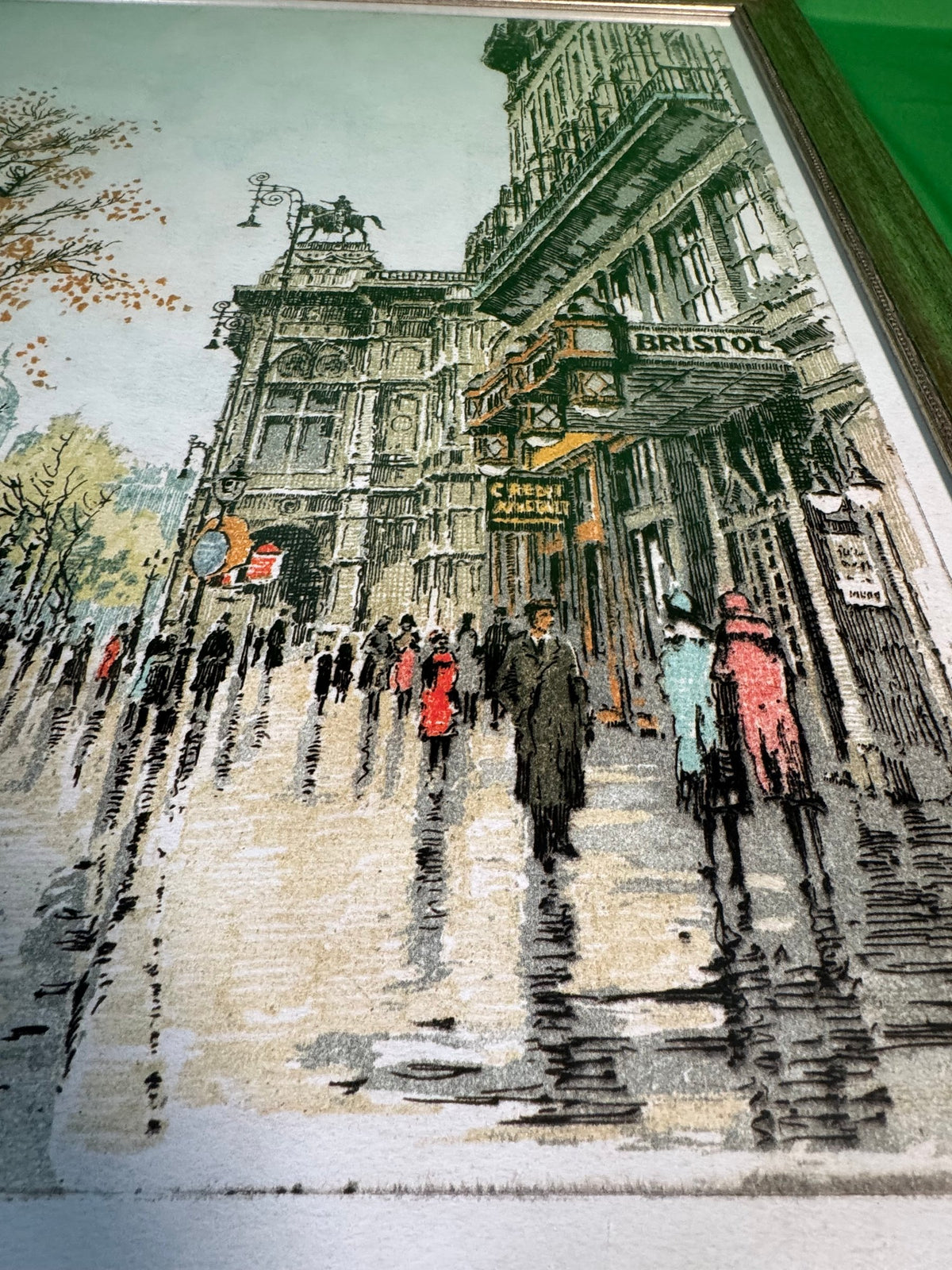Hand-Colored Etching and Aquatint Vienna Street Scene with Hotel Bristol Framed