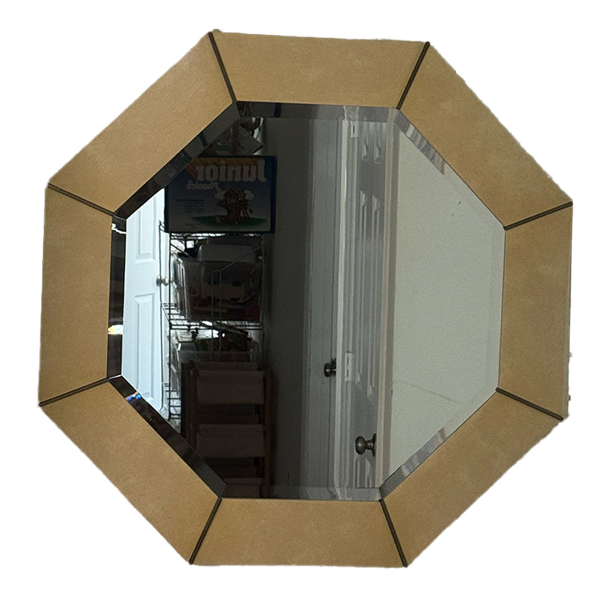 Karl Springer Octagonal Mirror Lacquered Goatskin Brass Inlay Vintage Excellent