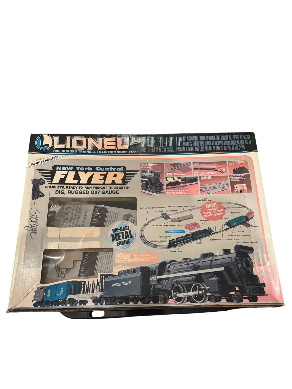 Lionel New York Central Flyer O27 gauge freight train set box front, showing complete ready-to-run set with die-cast metal engine