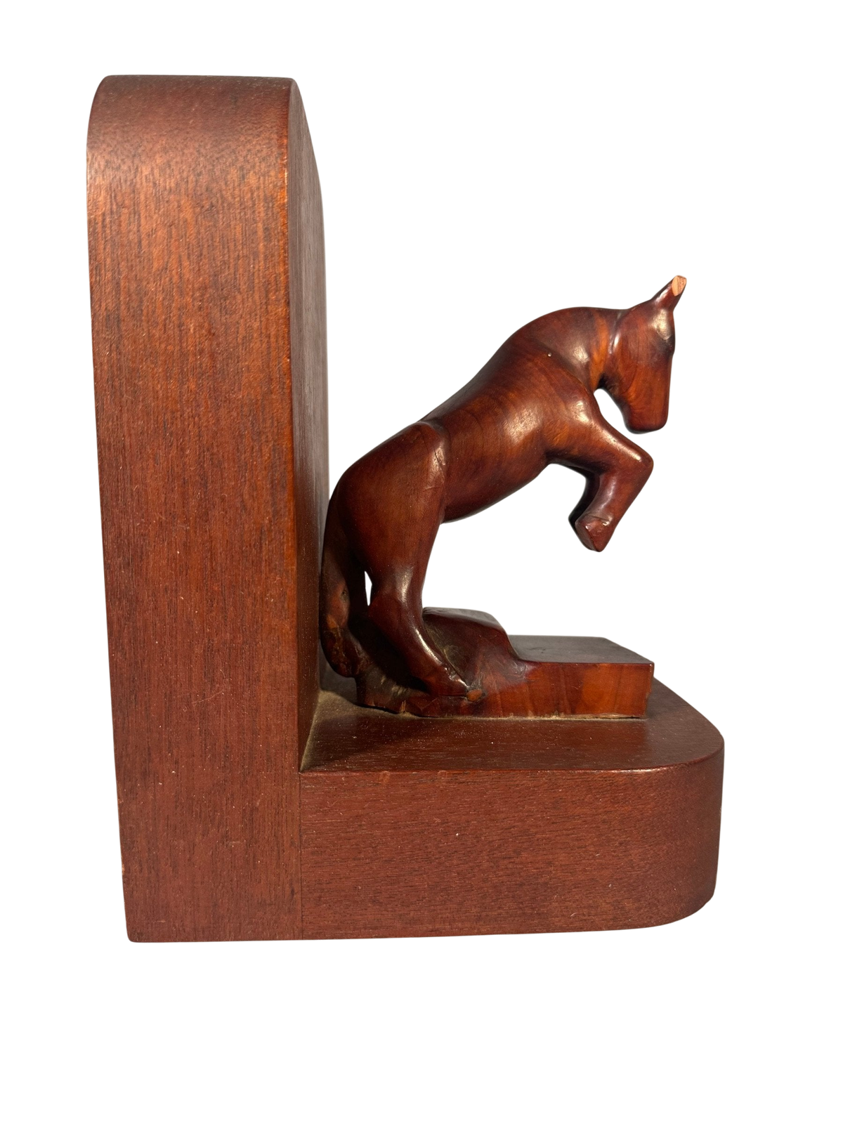 Vintage Hand Carved Wood Rearing Horse Bookend, Single, Mahogany Tone Base