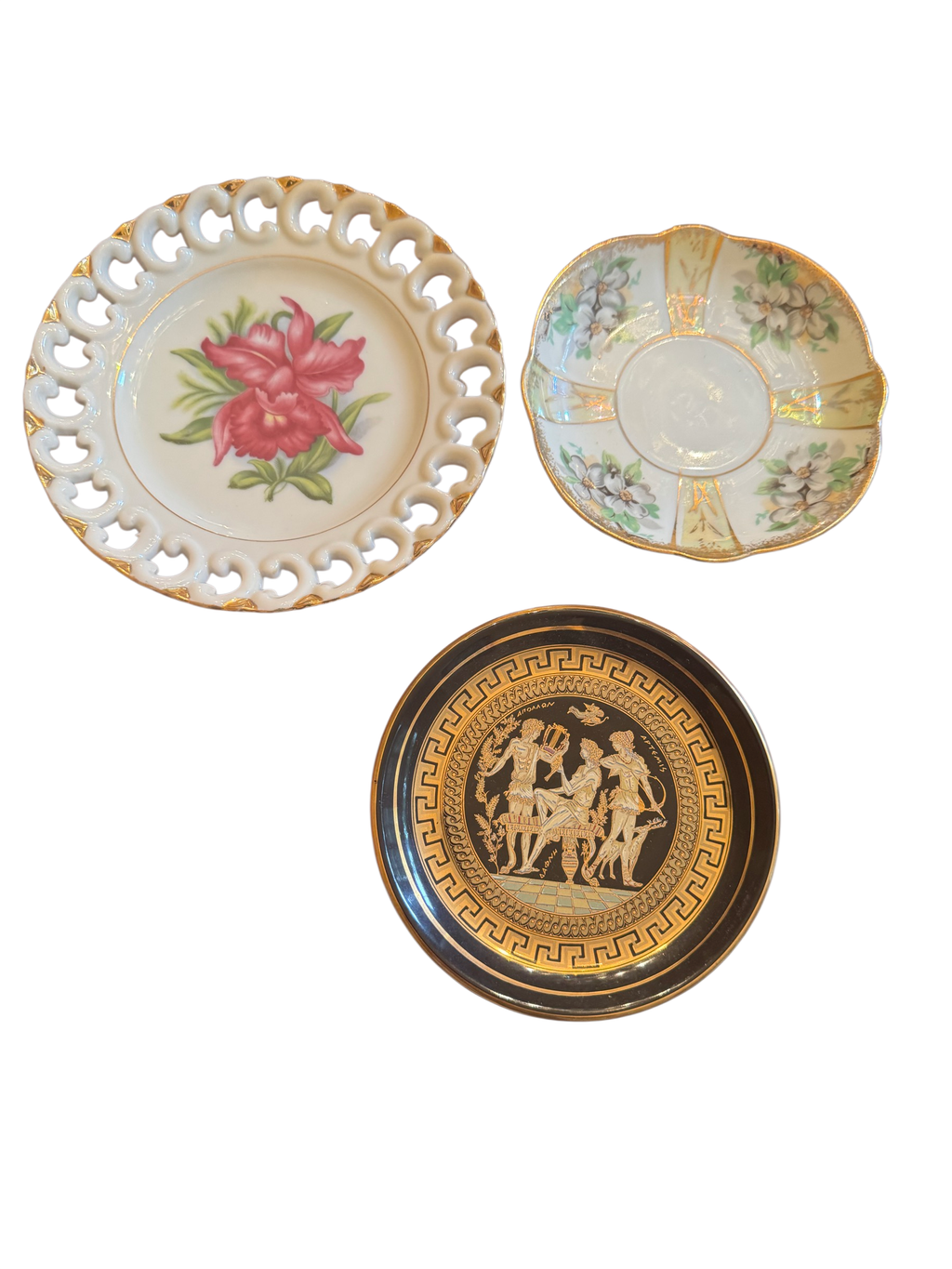 Set of 3 Decorative Plates: Kratimenos Greek Gold, Reticulated Orchid, Dogwood