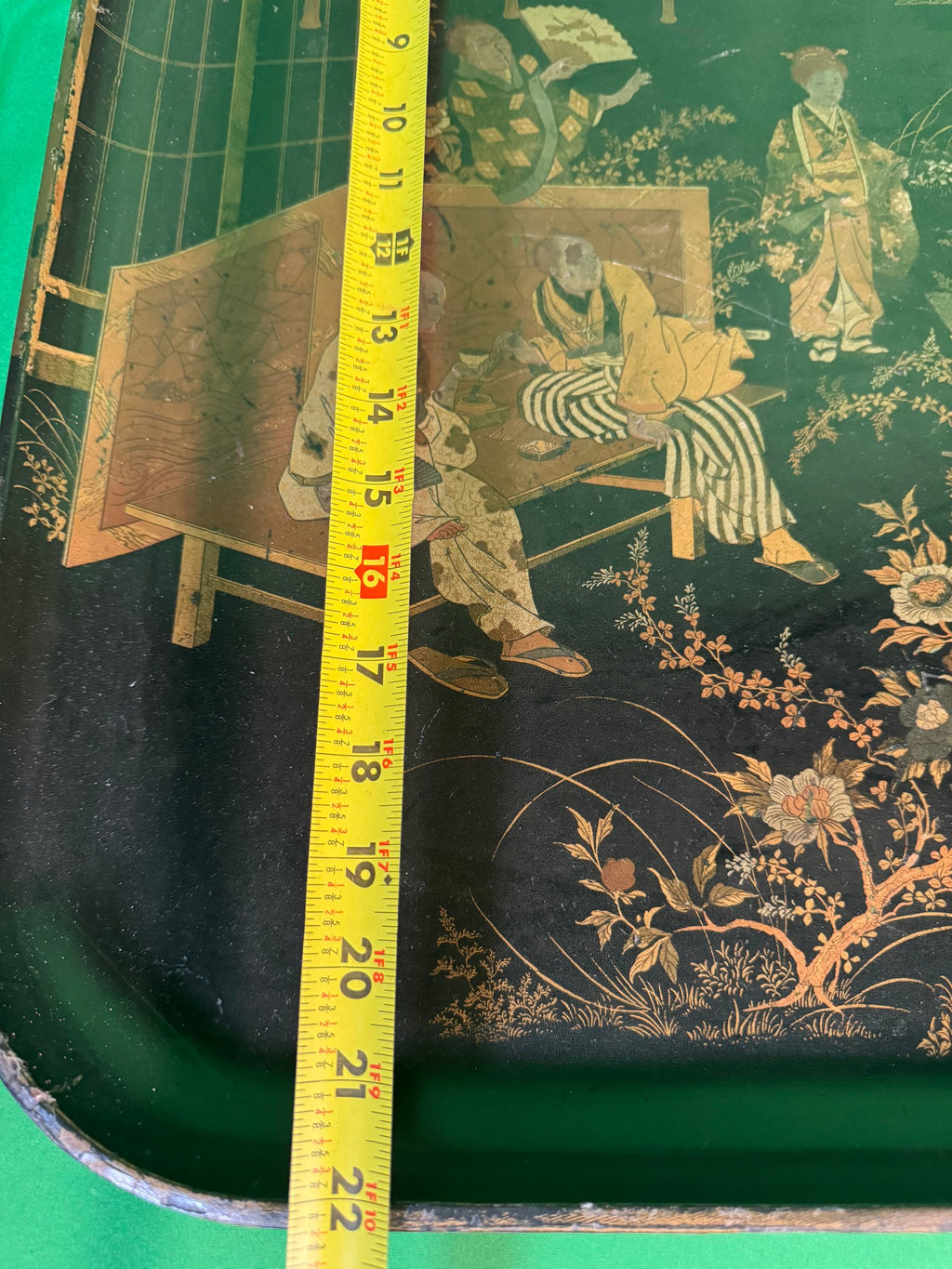 19th Century Japanned Tray Japanese Teahouse Garden Scene Gilt on Black Lacquer
