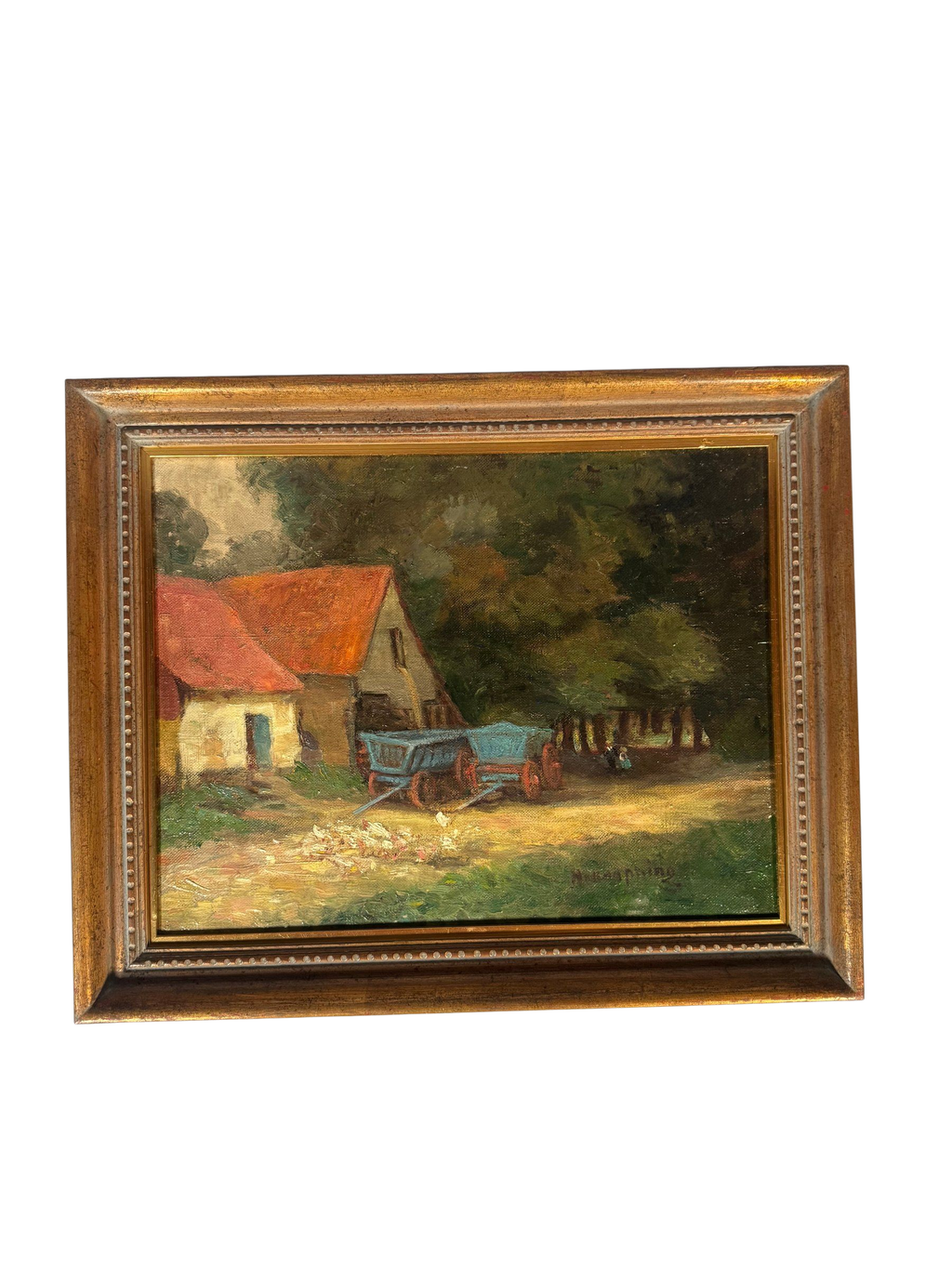 Vintage Farmyard Oil Painting on Canvas Blue Wagons Geese Signed H Knapping