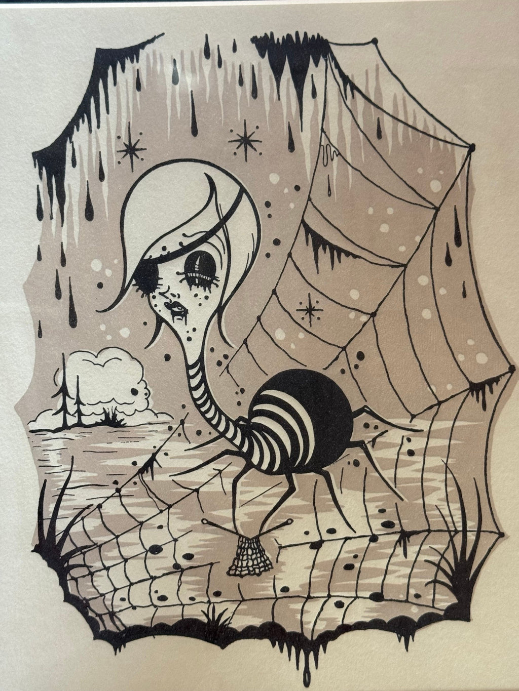 Close view of the girl, spider and web