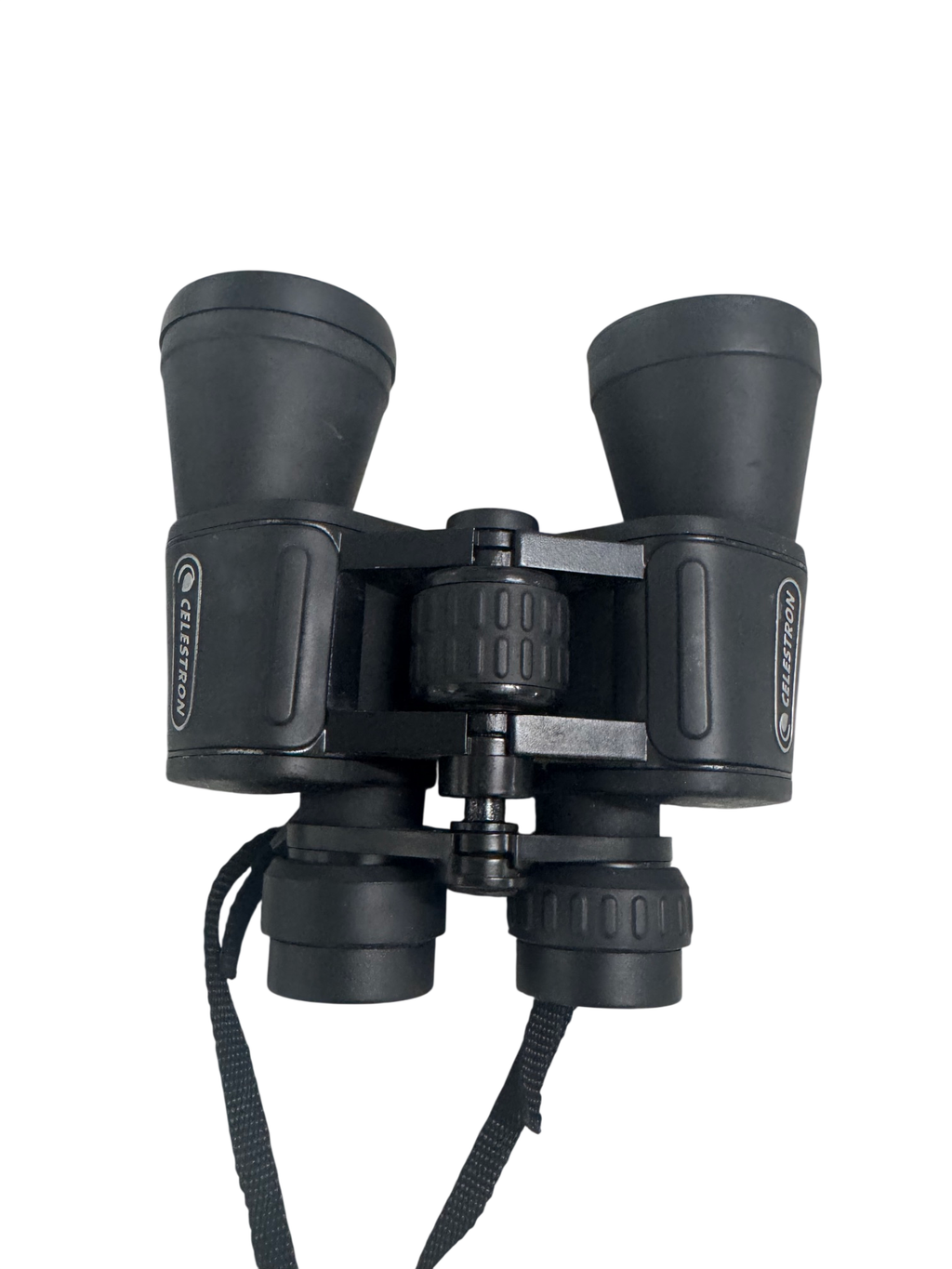 Black Celestron binoculars viewed from front, showing both eyepieces and central focus wheel with neck strap attached