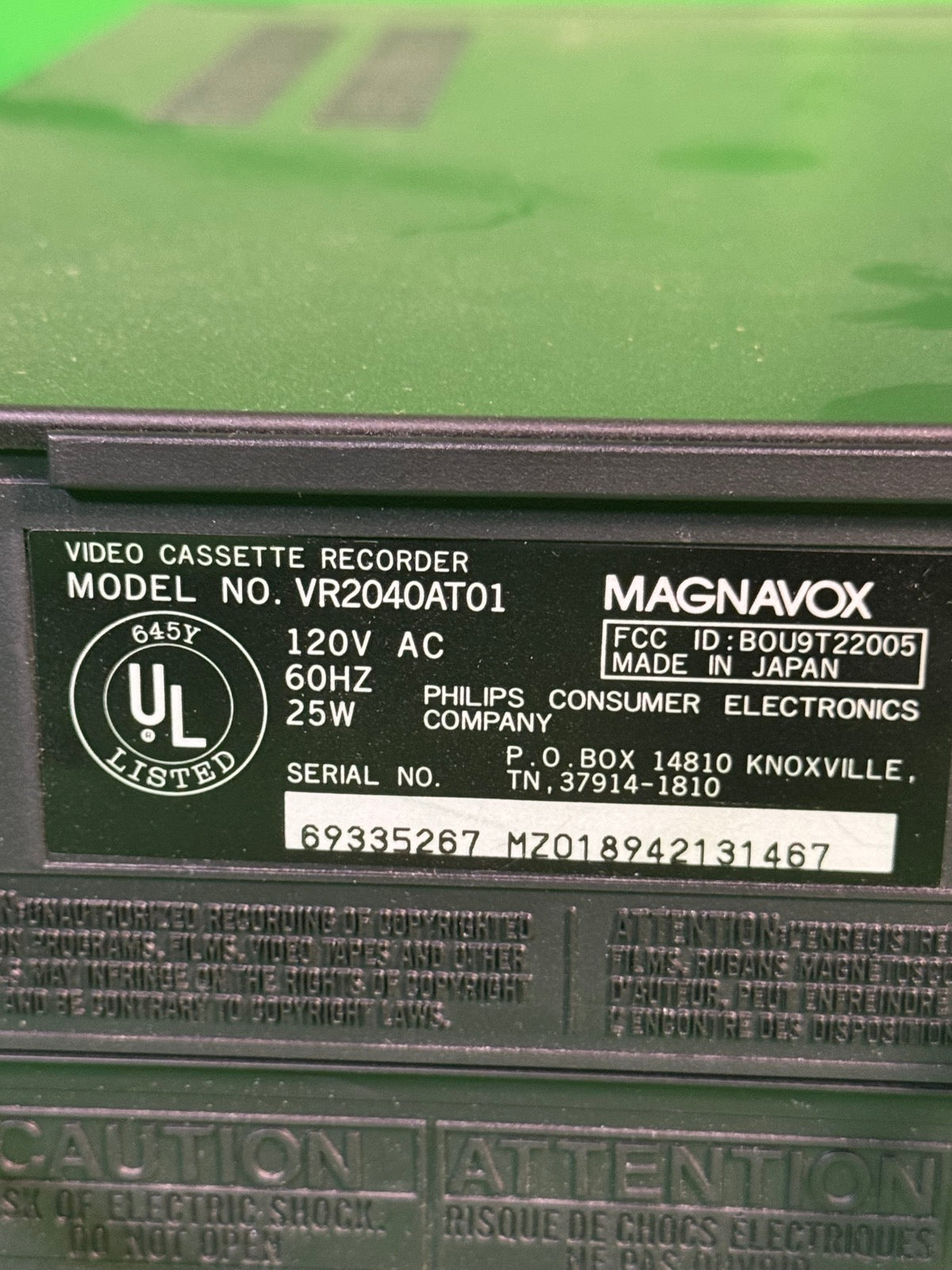 Magnavox VR2040AT01 4-Head VHS HQ Video Cassette Recorder