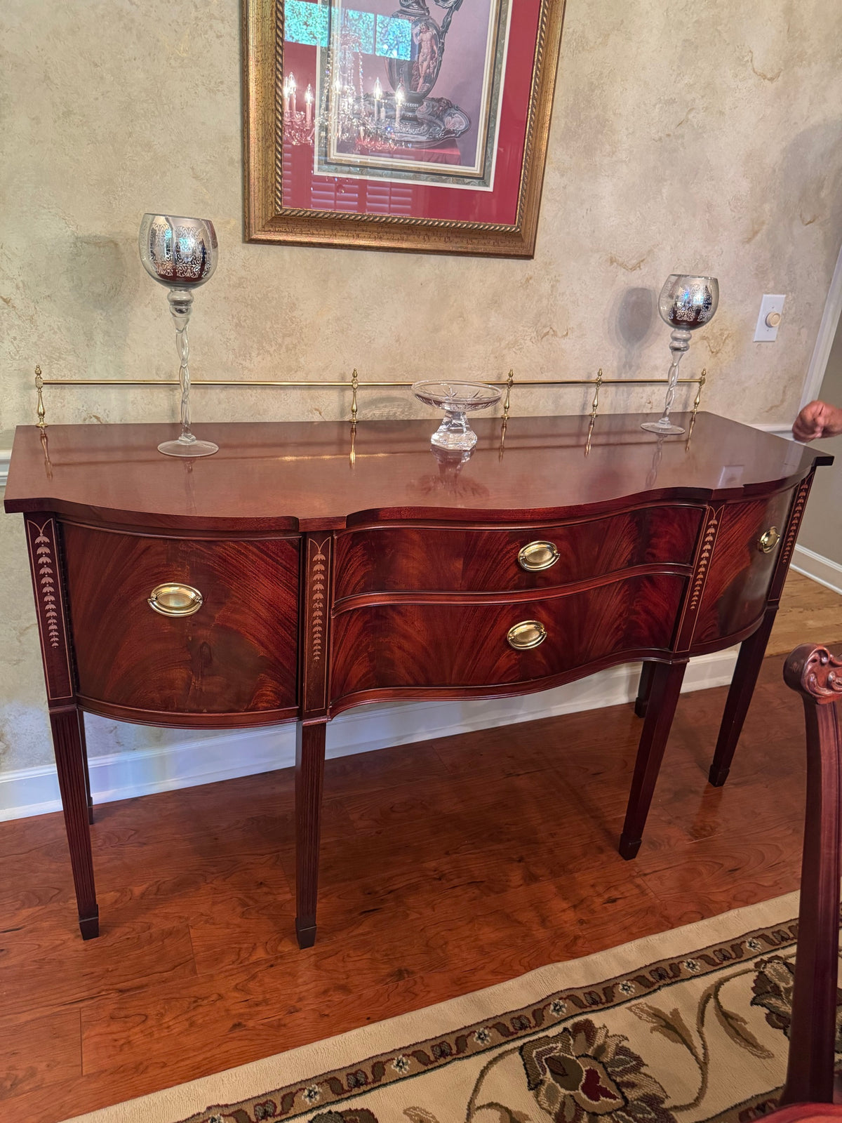 Thomasville Hepplewhite-Style Inlaid Mahogany Serpentine Sideboard, Brass Gallery