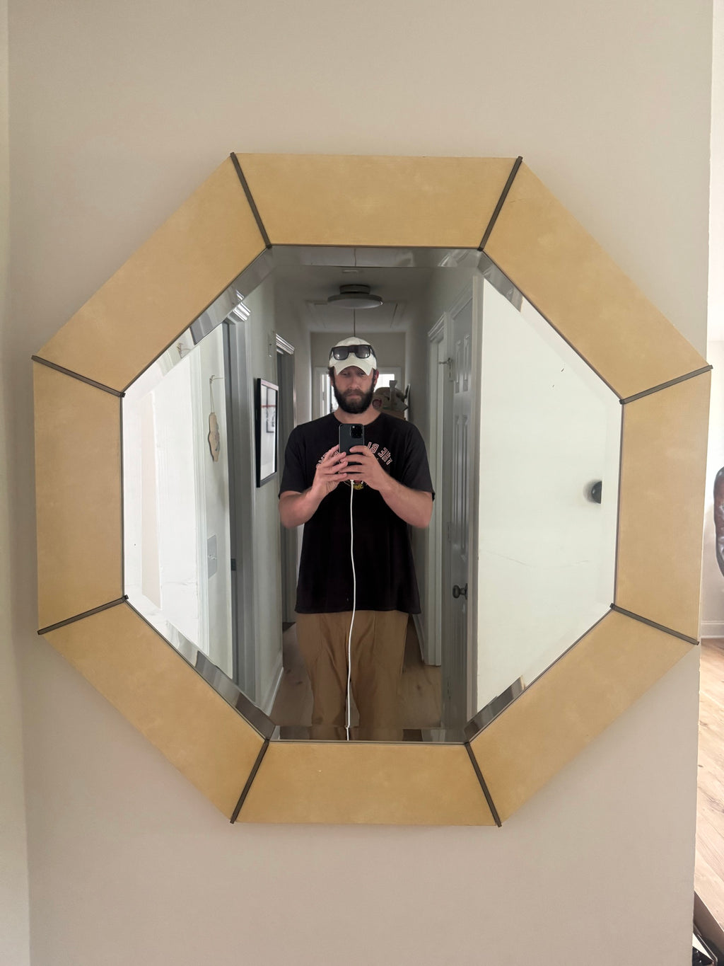 Karl Springer Octagonal Mirror Lacquered Goatskin Brass Inlay Vintage Excellent