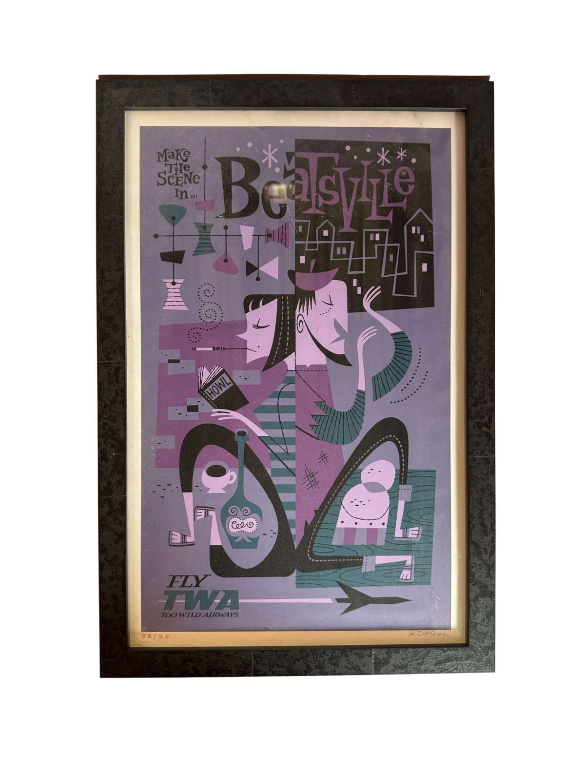 Framed Beatsville Fly TWA Too Wild Airways screenprint, straight-on