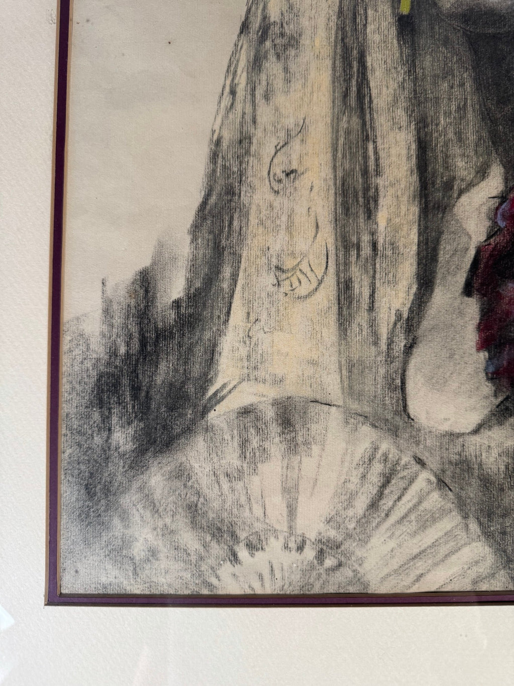 1933 Charcoal Pastel Portrait Woman in Lace Mantilla, Signed P.O. Wright, Framed