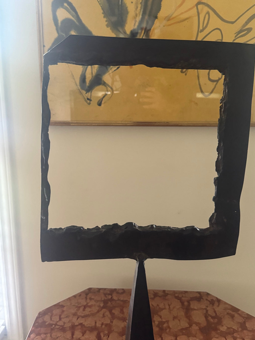 Brutalist Welded Steel Sculpture Abstract Cube and Block on Pedestal Signed No