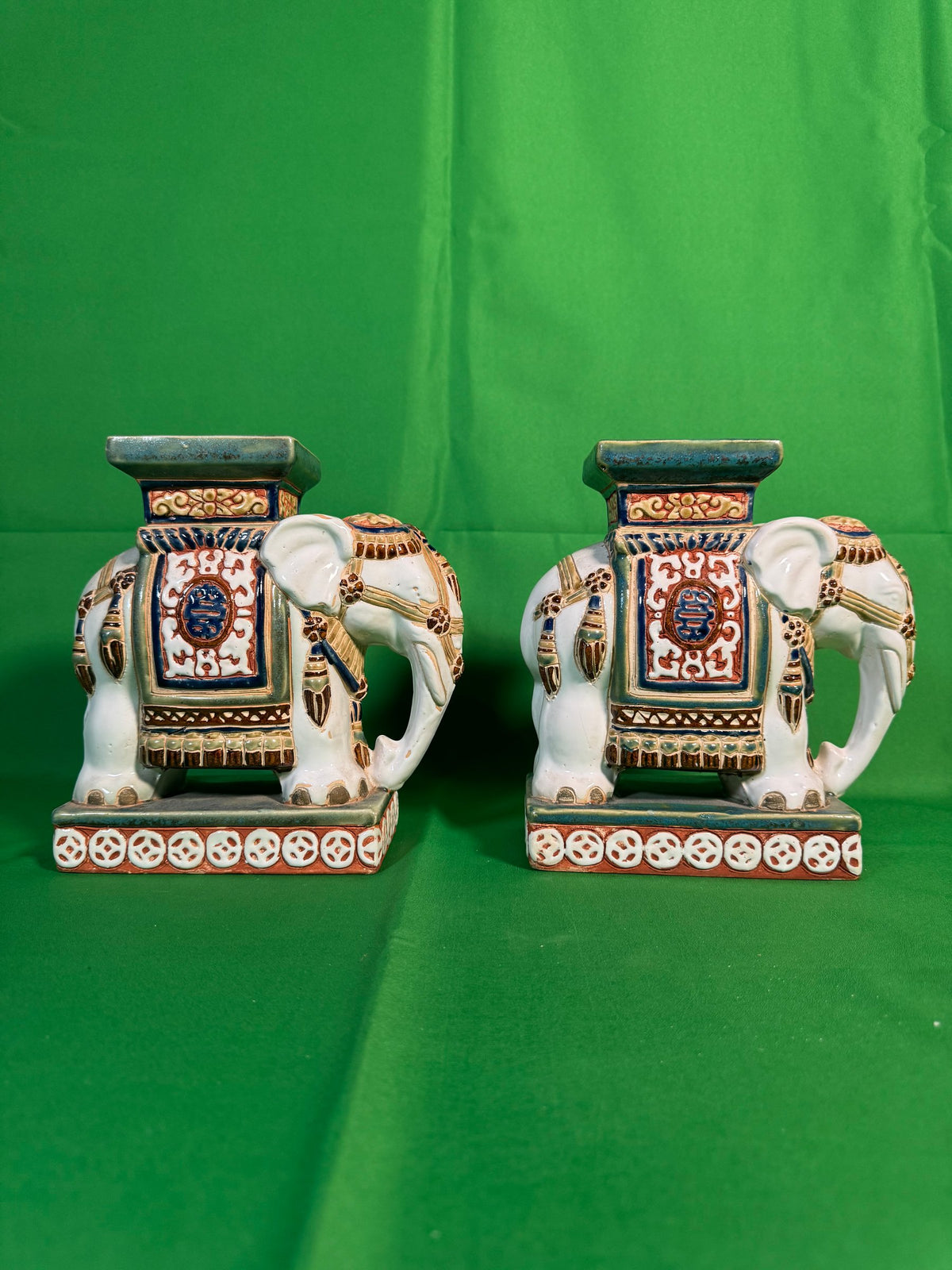 Pair Polychrome Ceramic Elephant Plant Stands Shou Medallion Mid-20th Century