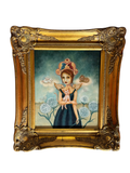 Oil painting of a girl with dandelions and small animals in an ornate gold frame