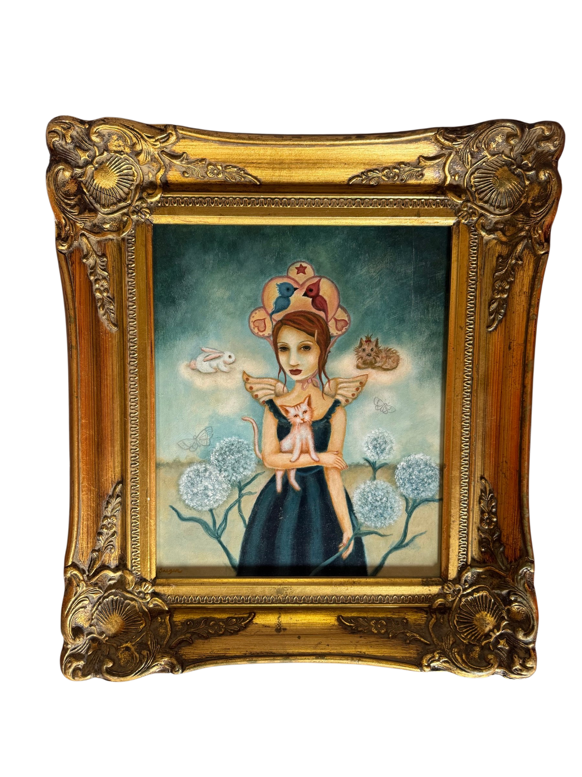 Oil painting of a girl with dandelions and small animals in an ornate gold frame