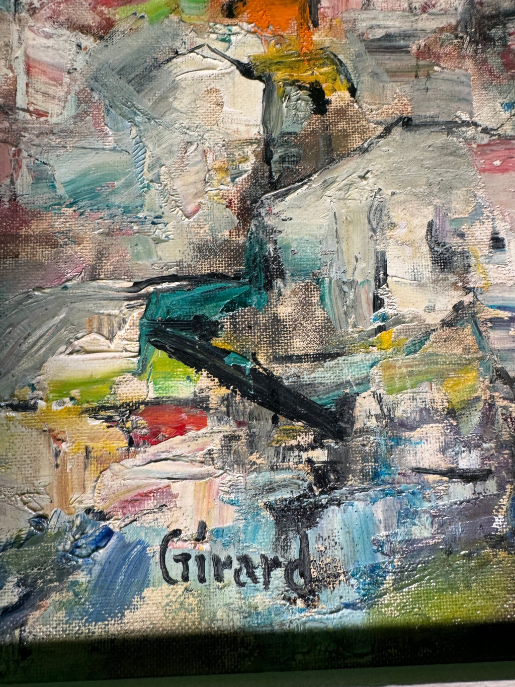 Heavy Impasto Oil Painting Hill Village Signed Girard Framed Canvas Art