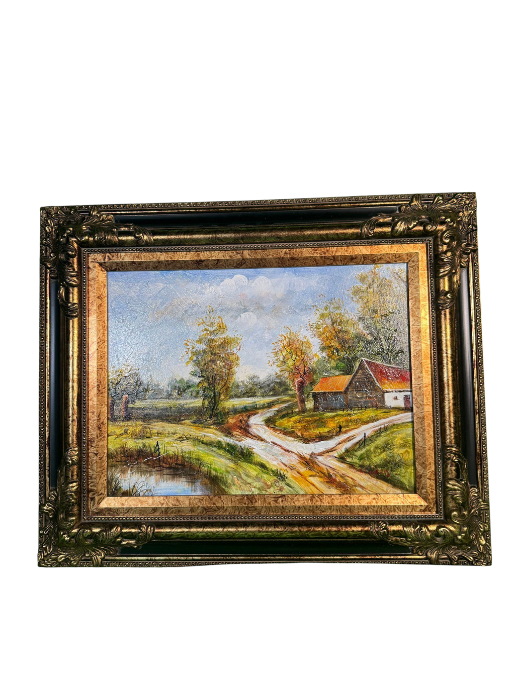 Original Oil on Canvas Painting Autumn Landscape with Barn Ornate Gilt Frame