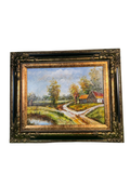 Original Oil on Canvas Painting Autumn Landscape with Barn Ornate Gilt Frame