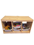 Pine toy storage unit with six white bins