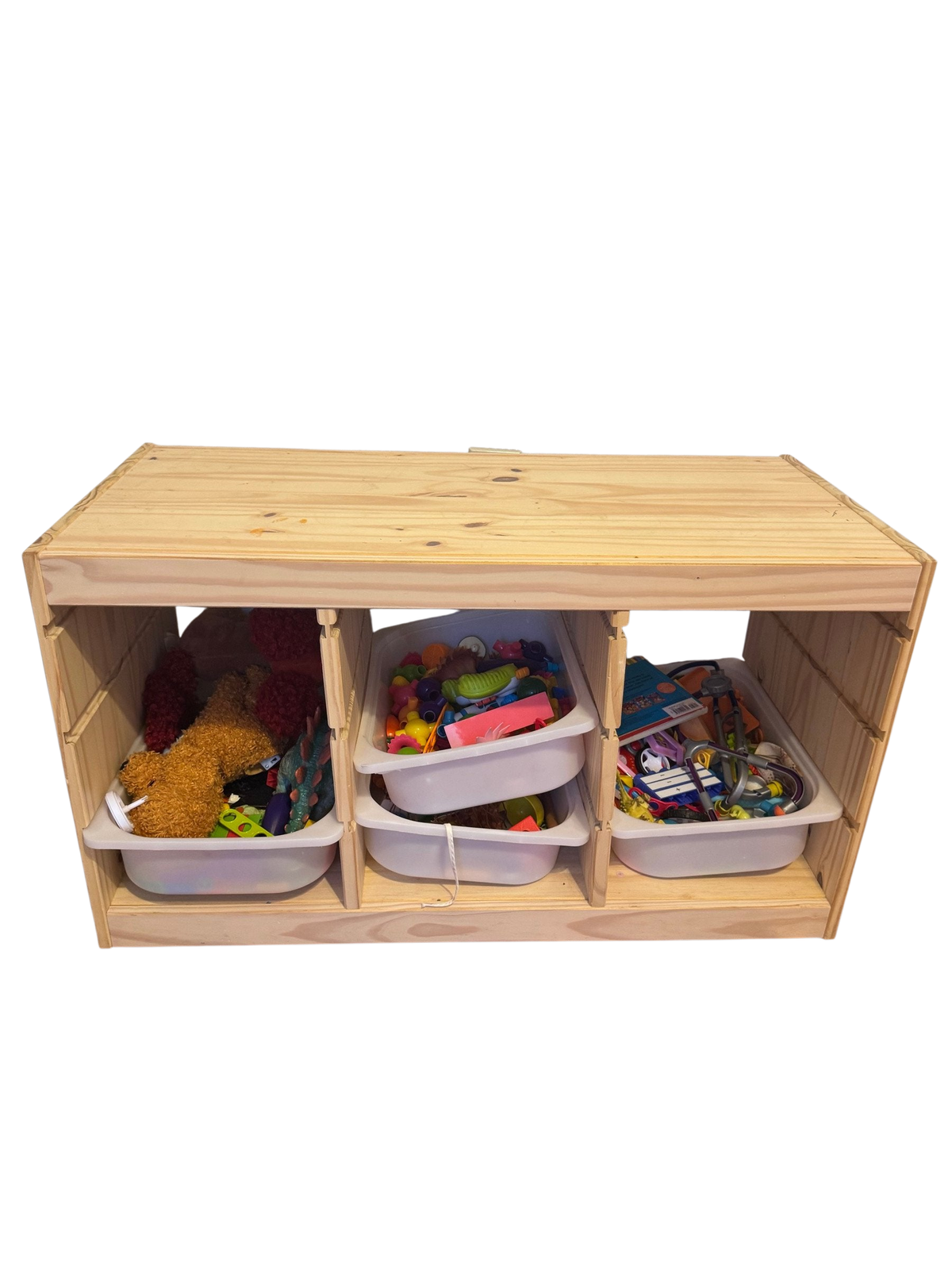 Pine toy storage unit with six white bins