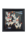 Framed Asian-style rooster flock farm scene art print with black ornate frame against dark background