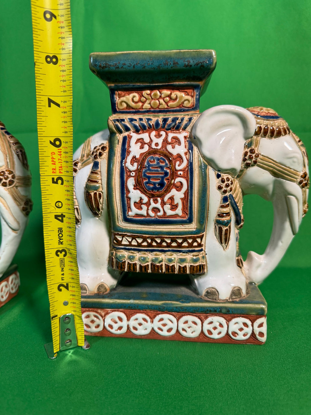Pair Polychrome Ceramic Elephant Plant Stands Shou Medallion Mid-20th Century