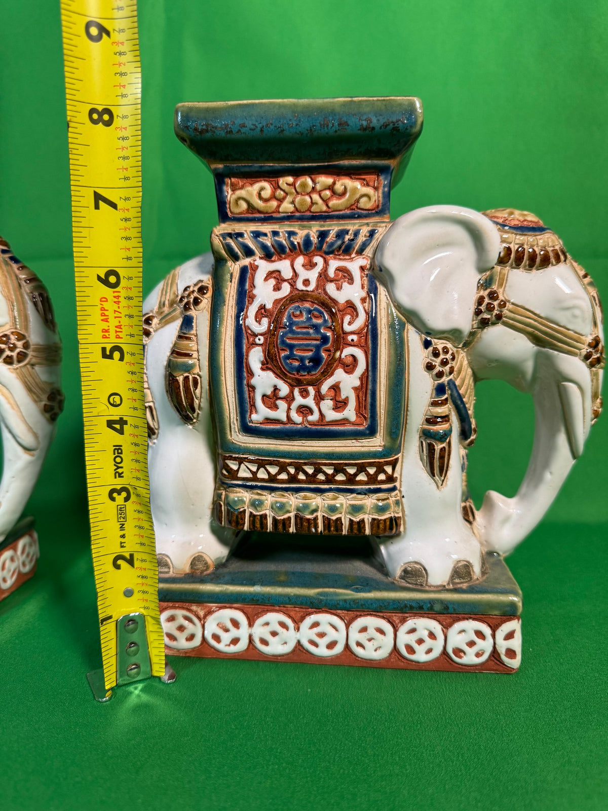 Pair Polychrome Ceramic Elephant Plant Stands Shou Medallion Mid-20th Century