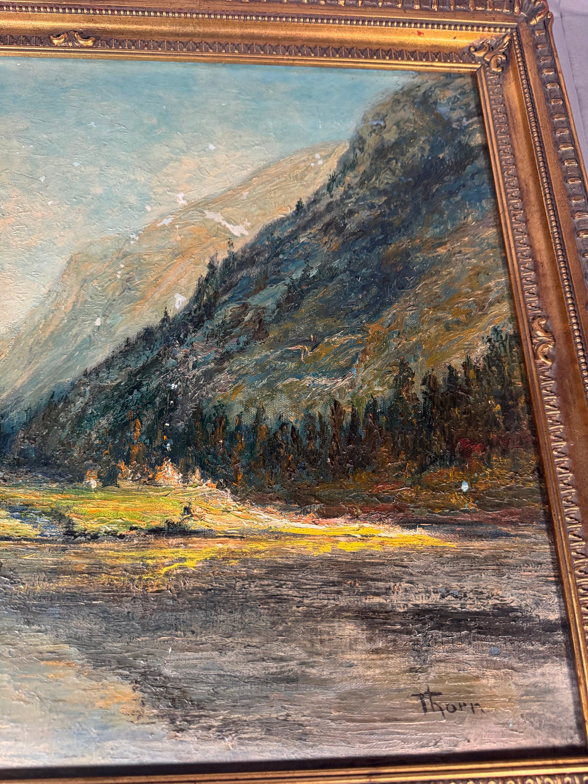 Alpine Lake Sunset Impasto Oil Painting Signed Thorn in Ornate Gilt Frame