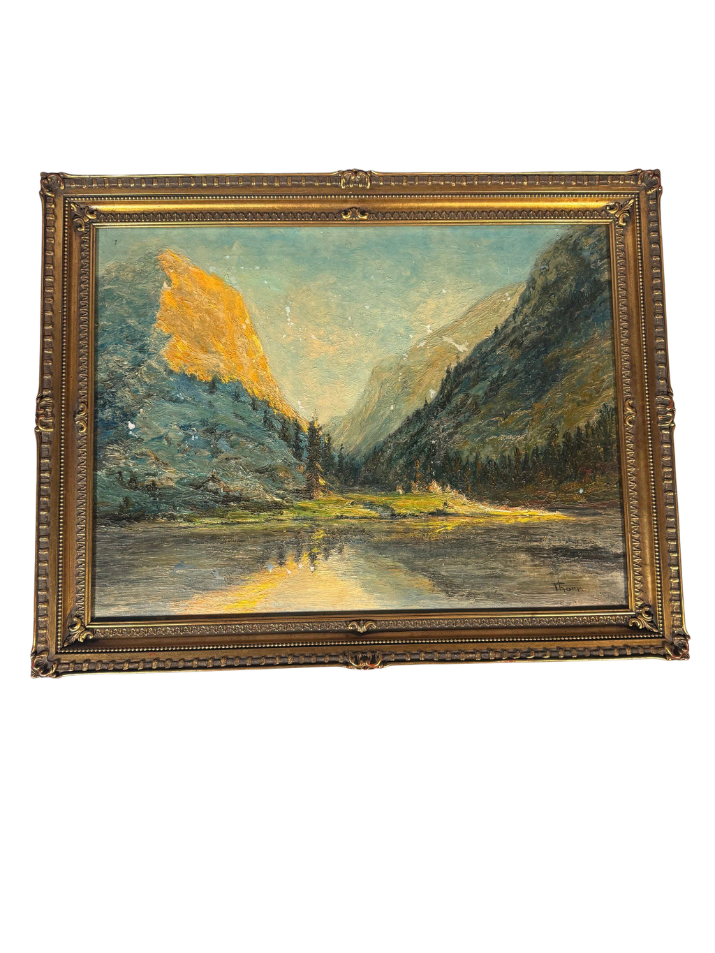Alpine Lake Sunset Impasto Oil Painting Signed Thorn in Ornate Gilt Frame
