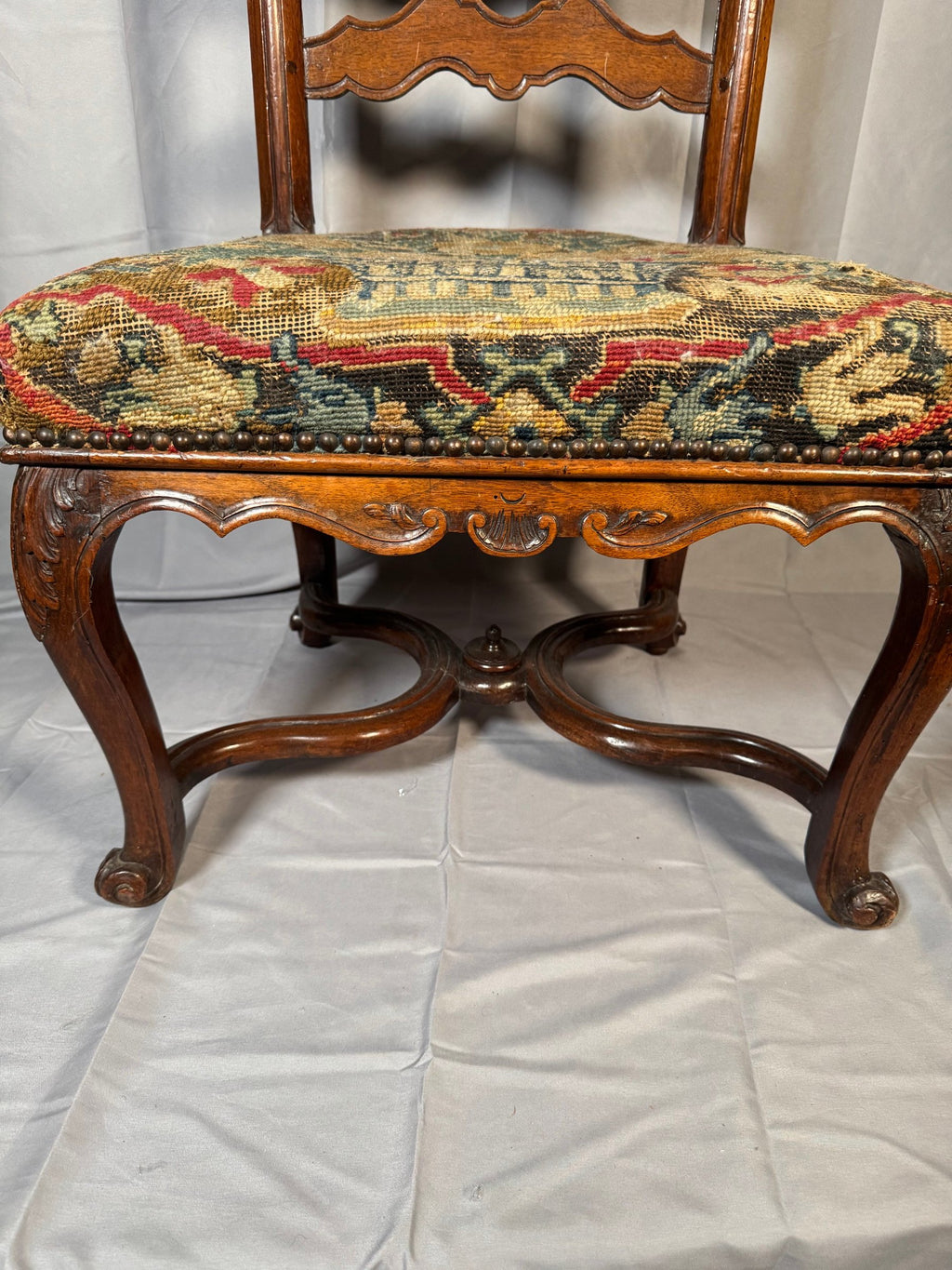 French Carved Walnut Ladderback Side Chair, Antique Needlepoint Seat