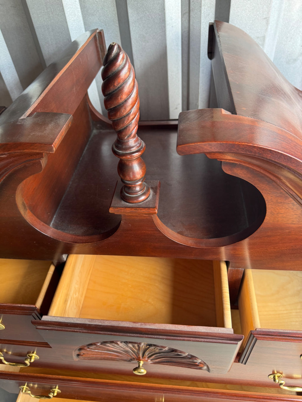 Lowboy base front view showing decorative hardware, shell carving center detail, and curved cabriole leg support