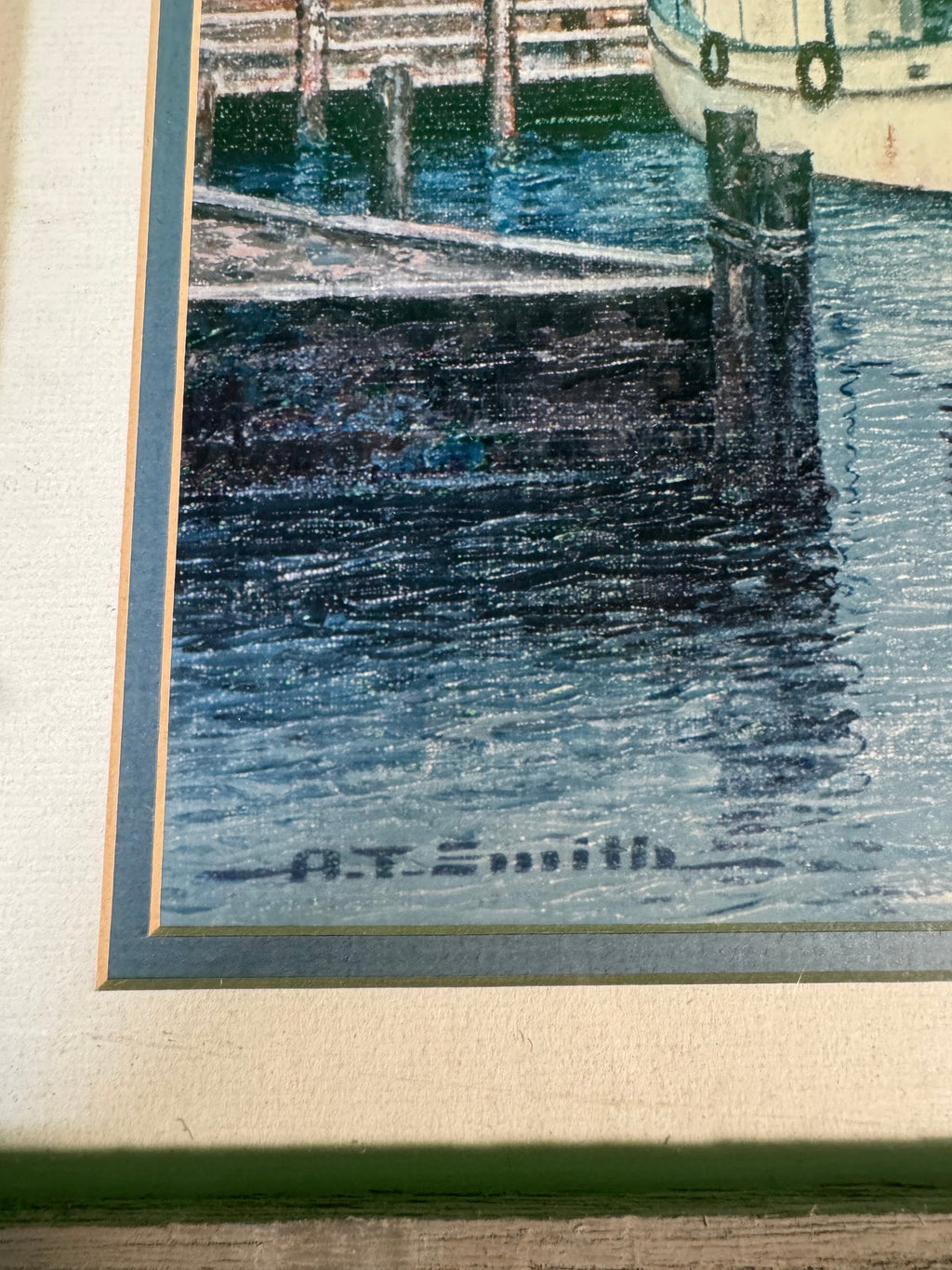 Shrimp Boats Harbor Print Reproduction Signed A.T. Smith Grey Barnwood Frame
