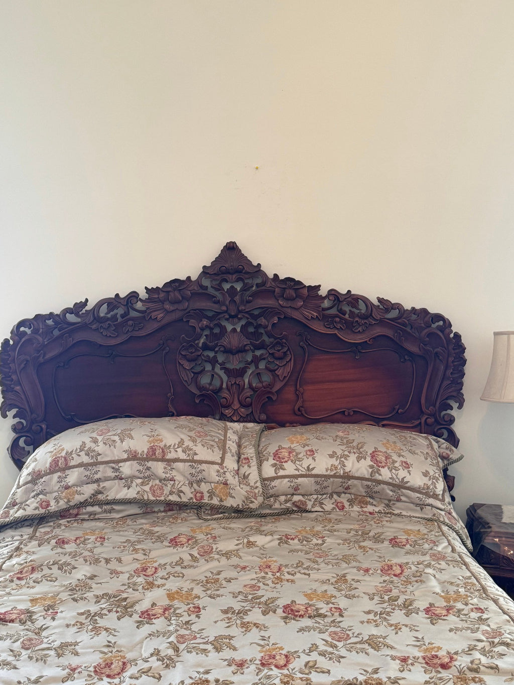Carved headboard seen from the front