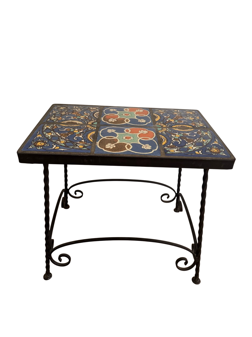 Persian Style Polychrome Tile Top Table Wrought Iron Scrolled Base Vintage